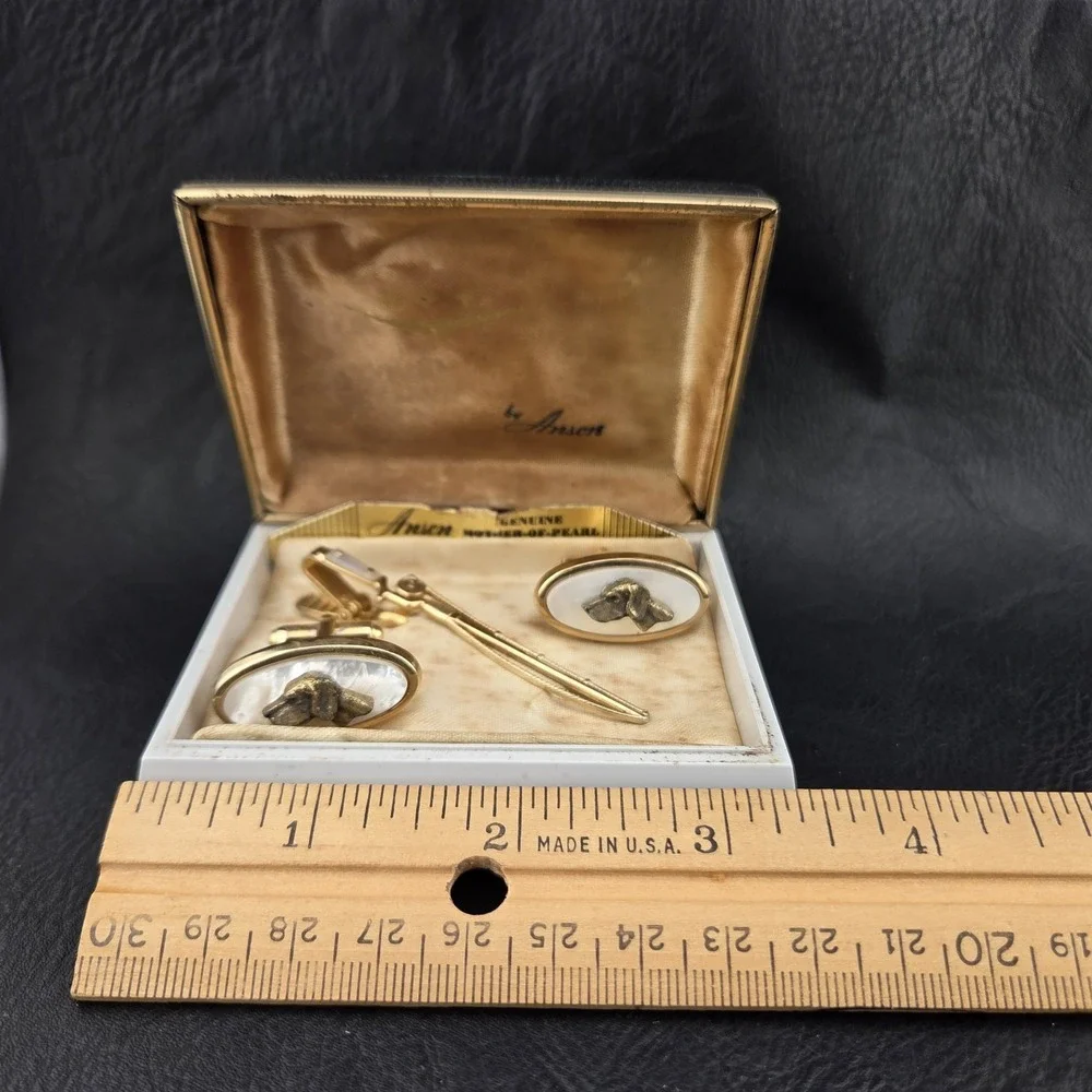 Anson Dog Labrador Cufflinks Mother Pearl Fishing Pole Tie Clip Tack Vintage